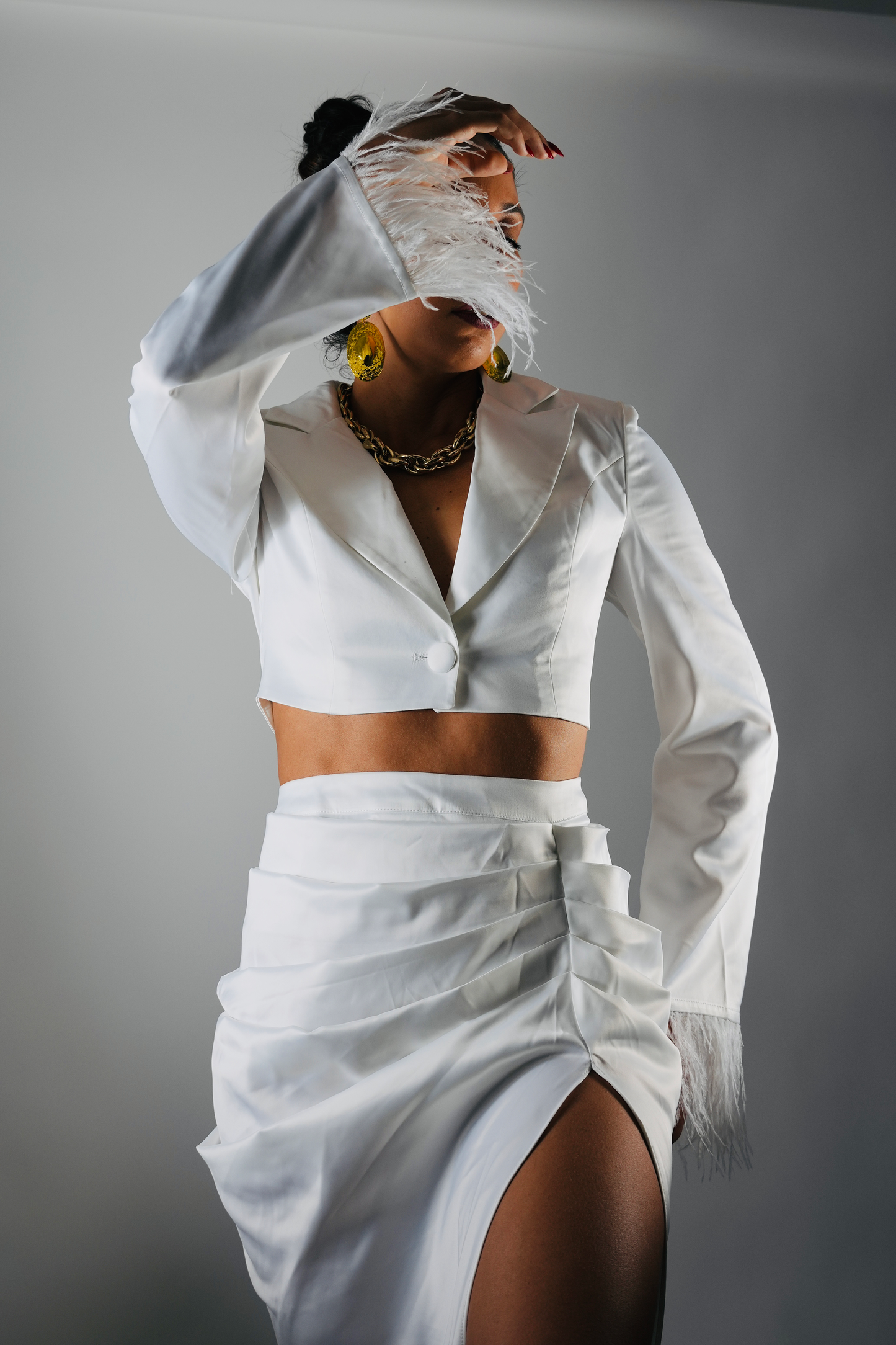 Goddess Satin White Blazer & Skirt Set