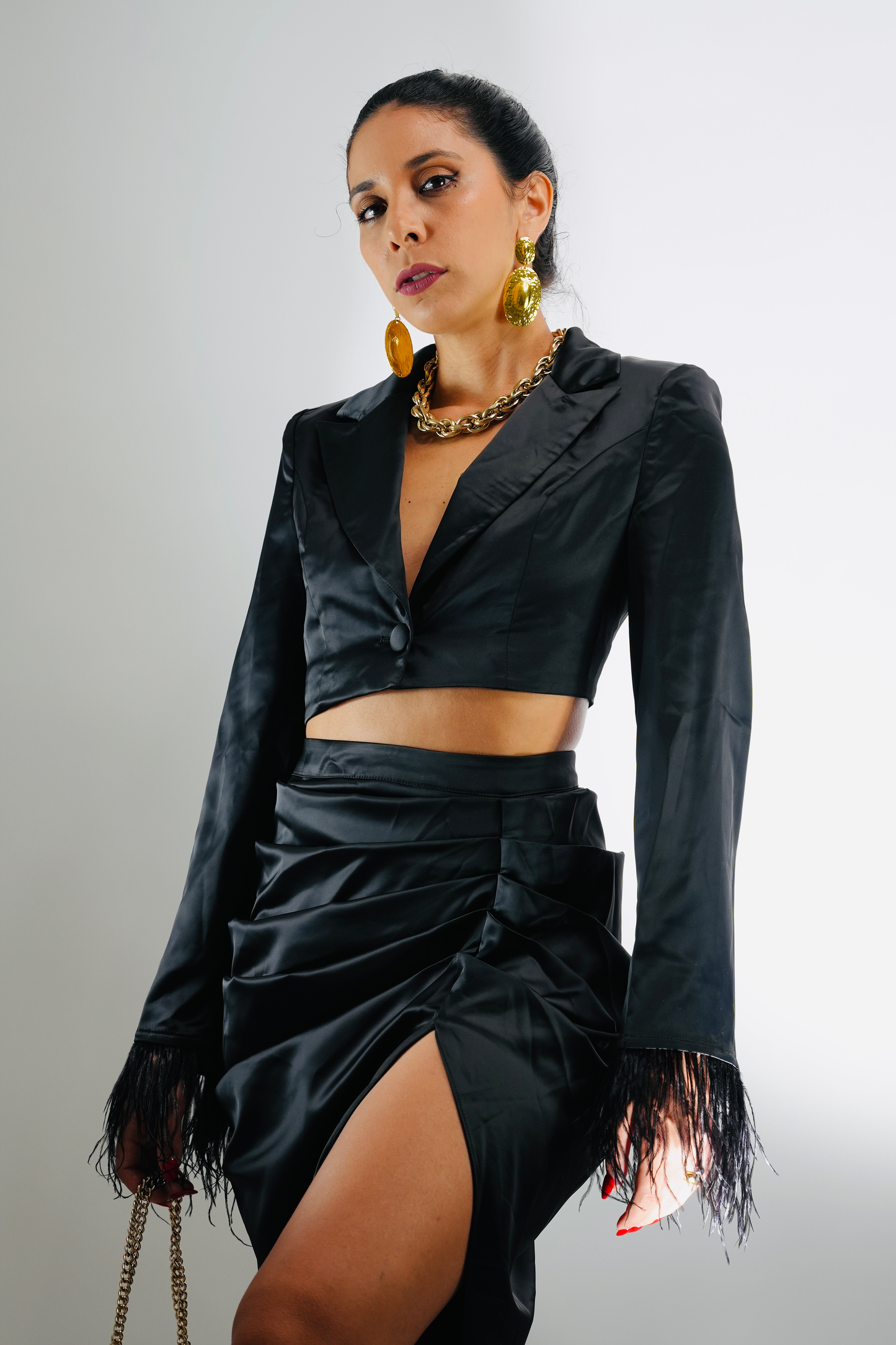 Goddess Satin Black Blazer & Skirt Set